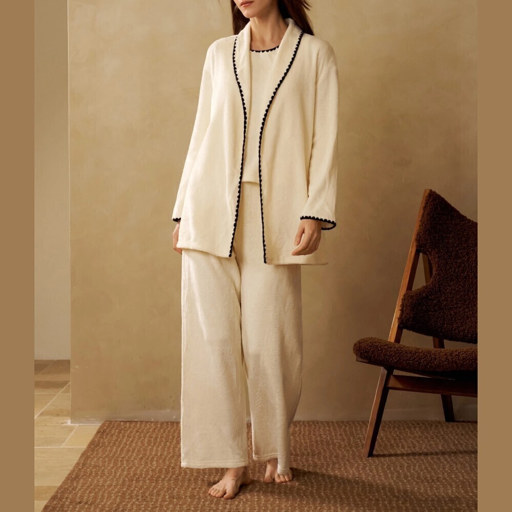 Cream Contrast Trim Plush Knit Cardigan Top and Wide Leg Pants Set